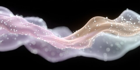 Abstract wave of light: ethereal flow of pink and beige with glowing particles on black background