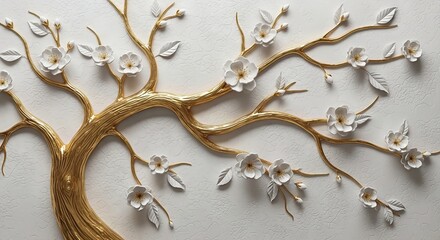 3D Wallpaper of Luxurious Gold Branches and Delicate White Blooms on Plaster Texture