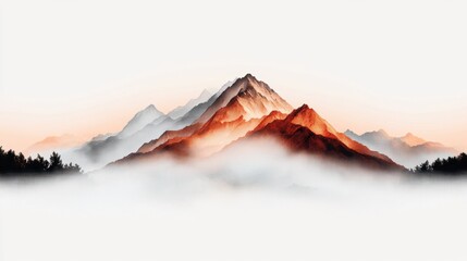 Majestic mountain range at sunrise with mist and trees in foreground