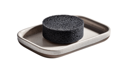 A charcoal-infused facial sponge on ceramic tray, white background --ar 16:9