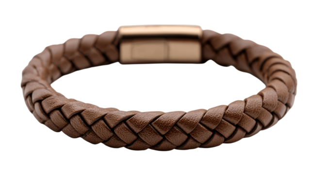 A braided leather charging bracelet, white background --ar 16:9