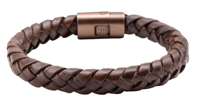 A braided leather charging bracelet, white background --ar 16:9