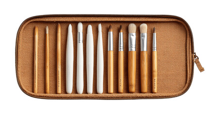 A clay-textured sculpting tool set with bamboo case, white background --ar 16:9