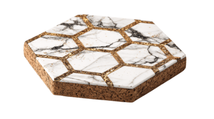 A cork-backed hex tile drink coaster, white background --ar 16:9