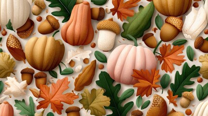 Seamless autumn vector pattern with falling leaves, acorns, and pumpkins