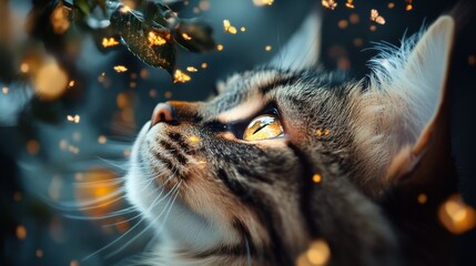 Dreamy cat gazing at glowing fireflies amid nighttime enchantment