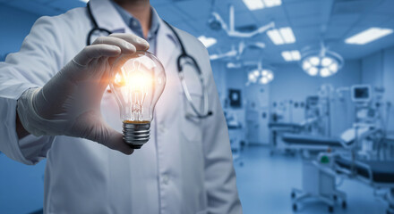Doctor holding glowing light bulb in modern operating room representing medical innovation, healthcare technology, diagnostics, treatment ideas, and breakthrough scientific research concepts