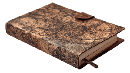 A engraved map-print journal in faux suede, white background --ar 16:9