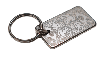 A etched stainless ID tag with key loop, white background --ar 16:9