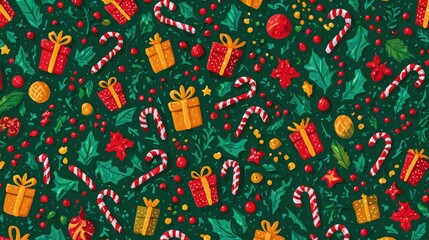 Seamless Christmas-themed vector pattern with candy canes, gifts, and holly