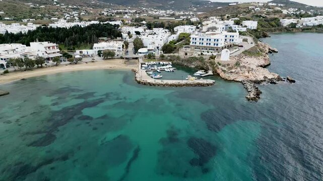 Aerial view of small harbor, Paros, Greece.