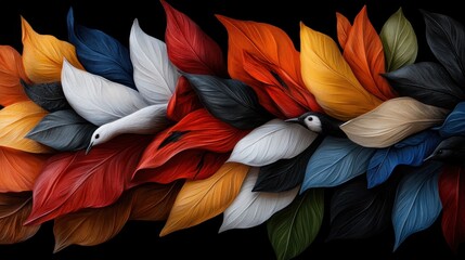 Colorful leaves and birds blending into vibrant patterns
