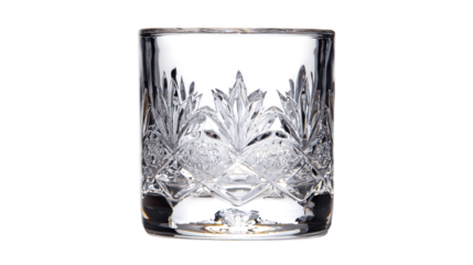 A hand-cut crystal shot glass with etching, white background --ar 16:9