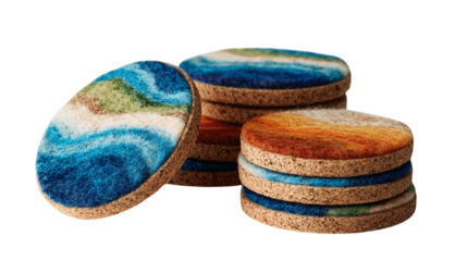 A hand-felted wool coasters with cork base, white background --ar 16:9