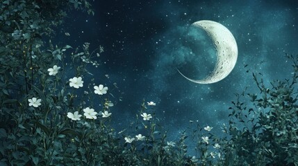 Serene night sky with crescent moon and white flowers in starry garden