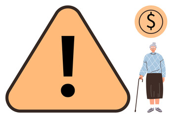 Large exclamation mark in a warning triangle, elderly woman with a cane, and dollar sign. Ideal for finance caution, senior care, savings, budgeting, retirement planning, awareness simple flat