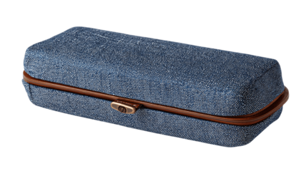 A hinged eyeglass case in denim fabric, white background --ar 16:9