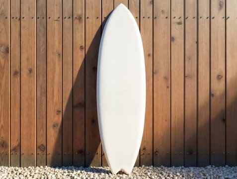 Vertical surfboard mockup against natural wood wall