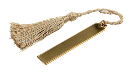 A plated brass bookmark with tassel cord, white background --ar 16:9