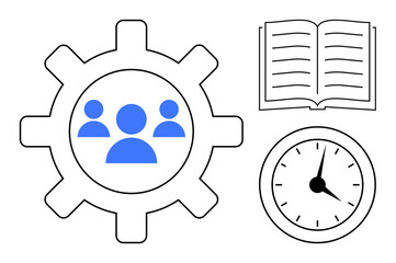 Gear with team icons, open book, and clock emphasizing collaboration, learning, and efficiency. Ideal for productivity, education, workflow planning teamwork time strategy. Simple flat metaphor