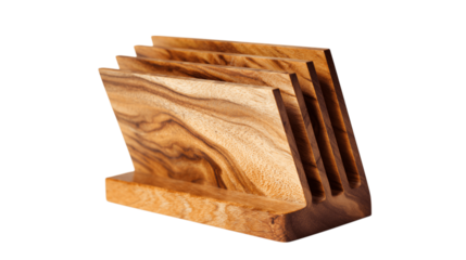 A slotted wood stand for recipe cards, white background --ar 16:9