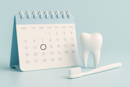 Dental Checkup Reminder Concept with Tooth, Calendar and Toothbrush on Blue Background