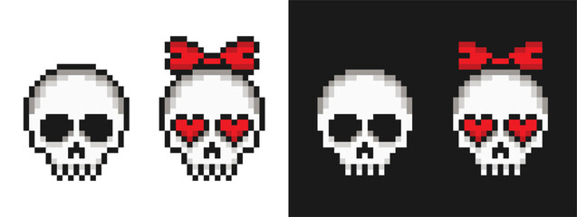 Pixel skull set. Pixelated skulls of boy and cute girl with bow and hearts instead of eyes. Pixel art skeleton head. Vector. © Roman