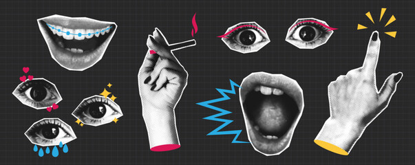 Halftone set of lips, mouth, eyes and hands with doodle elements. Eyes and lips with different emotion, hand gesture - smoking cigarette. Halftone collage cut out elements for banners. Vector.