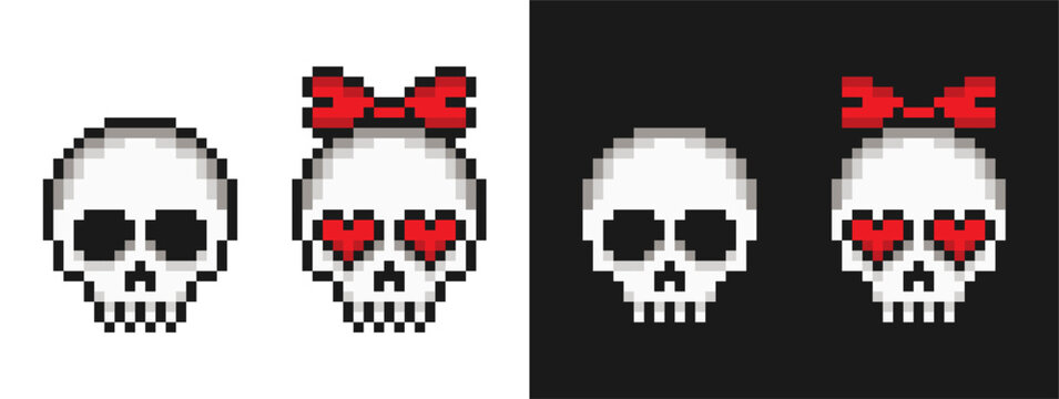 Pixel skull set. Pixelated skulls of boy and cute girl with bow and hearts instead of eyes. Pixel art skeleton head. Vector.
