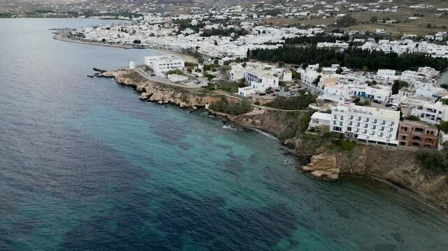Aerial view of Paros coastline and town, Greece.