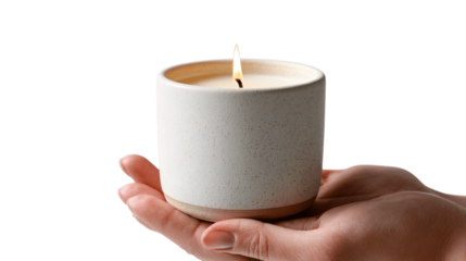 A triple-scented soy candle in hand-poured ceramic cup, white background --ar 16:9