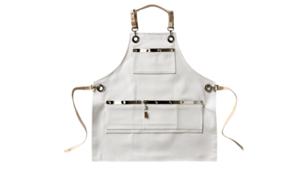 A triple-stitched utility apron with metal clips, white background --ar 16:9
