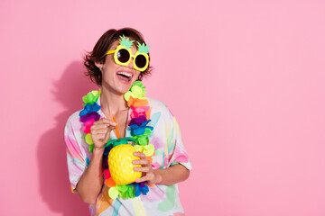 Photo of lovely young woman enjoy cocktail empty space wear shirt isolated on pink color background