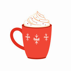 Red Mug with Whipped Cream Topping and Snowflake Decorations for Winter Holidays in a White Background