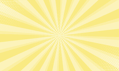 Radiant yellow background. Pop art comic book background. Sunburst yellow background with radial lines and halftone dots. 