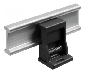 A compact DIN rail with an integrated clip for easy installation of network switches in a smart home closet.