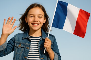 Smiling girl waving French flag on clear sunny day