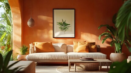 Tropical living room with sunset glow.