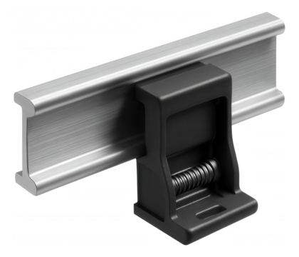 A compact DIN rail with an integrated clip for easy installation of network switches in a smart home closet.