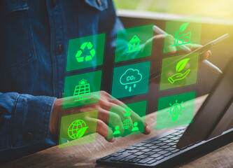 Green business, Corporate responsibility sustainable environment, Net zero and ESG concept, Co2, Carbon footprint report and carbon neutral or offset, Save planet, World earth day, Sustainable living