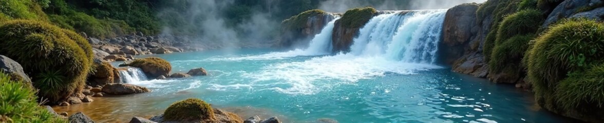 Mystical Hot Spring Waterfall Cascading Water, Mossy Rocks, Geothermal Paradise