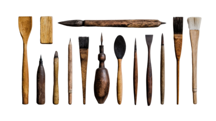 Wooden art tools on transparent background

