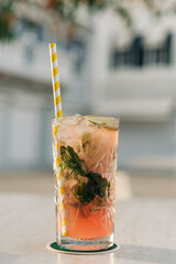Refreshing cocktail served in a tall glass with ice and mint, perfect for summer gatherings in a relaxed setting