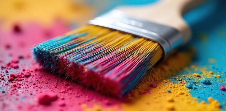 Vibrant Multicolored Paint on Artists Brush, Ready for Application. Close-up Detail of Bristles Showcasing Texture and Color. Ideal for Painting, Art, and DIY Projects.