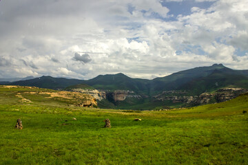 View from the bird hide in the Golden Gate Highlands National Park, with the distant blue mountains...