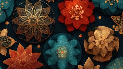 Vector pattern featuring floral mandalas and symmetrical shapes