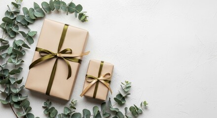 Two beige gifts wrapped with green ribbon are surrounded by eucalyptus branches