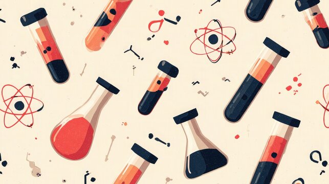 Vector seamless pattern of science icons, test tubes, and atom symbols - Powered by Adobe