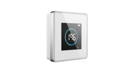 A white, square smart device with a digital display showing a temperature reading.