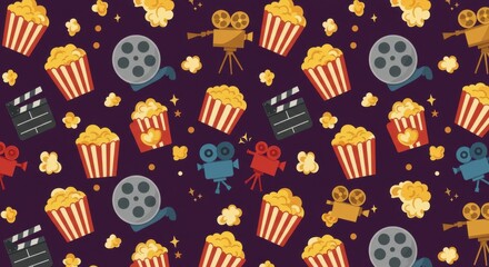 Retro movie night pattern with popcorn and film equipment